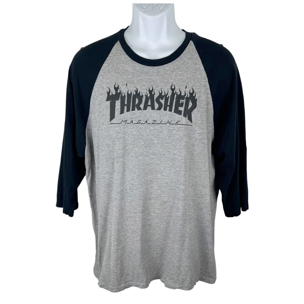 Thrasher Shirt Men Large Grey Black Raglan Baseball Tee Quarter Sleeve Casual
